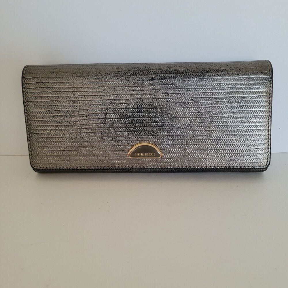 Nina Ricci Vintage Leather Long Wallet Metalic Silver Envelope Designer